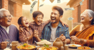 Smiling family holding hands around a picnic table, laughing and enjoying a meal together. The image suggests financial security and peace of mind: unexpected benefits of life insurance