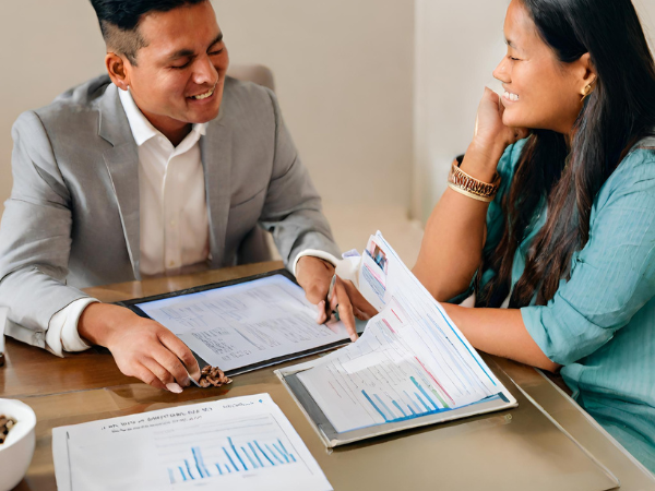 A mockup of a financial advisor consulting with a Nepali client.